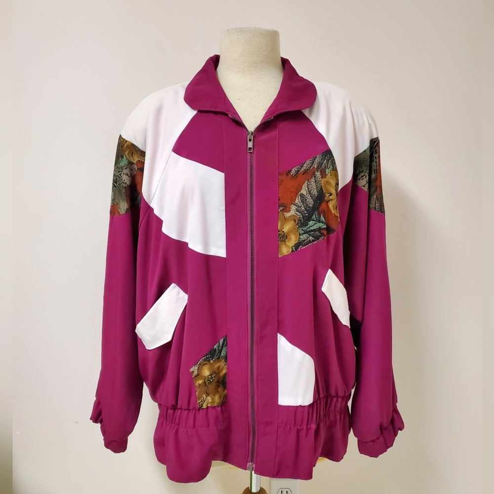 Vintage 80s Magenta Patchwork Bomber Jacket